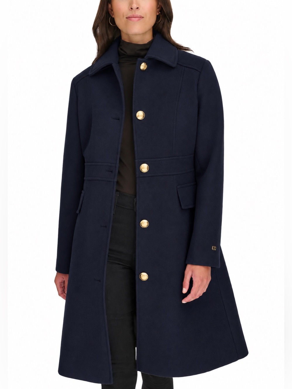 NWT Tommy Hilfiger Navy Wool Blend Long Military Coat Gold Buttons Flap Pockets